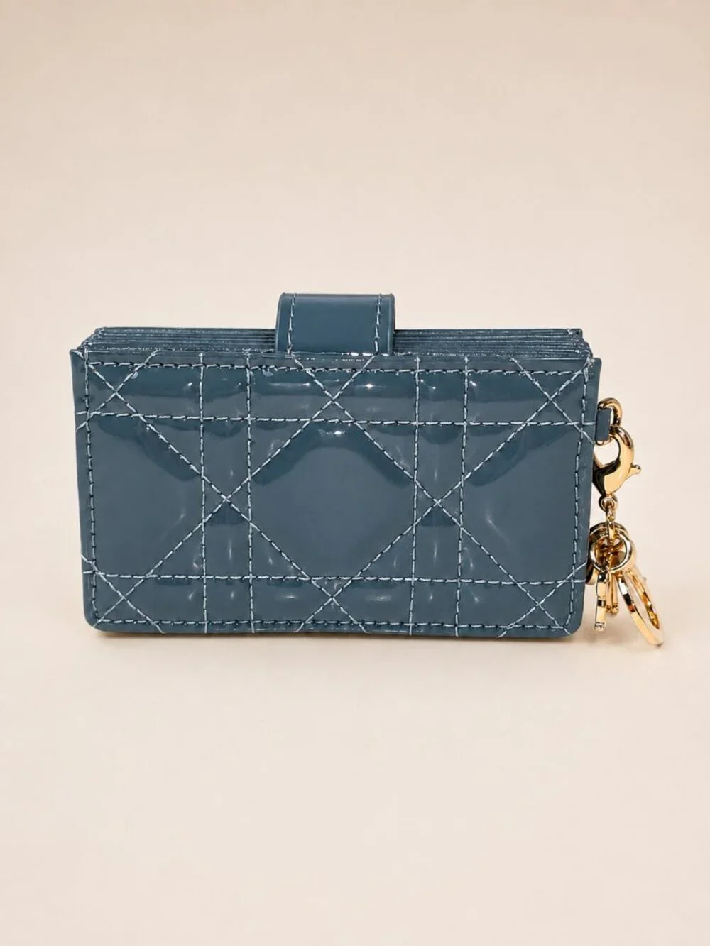 Christian Dior Blue Gray Patent Cannage Accordion Wallet w/ Dior Charms